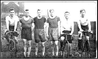 The end of the F.W.C.C. v Spennymoor Harriers race on 25 January 1930. From left to right;- C.J. Edmenson 1st G. Joyce 2nd R.K. Willans 3rd T.F. Willans 4th J.Fall 6th R. Lowe 7th